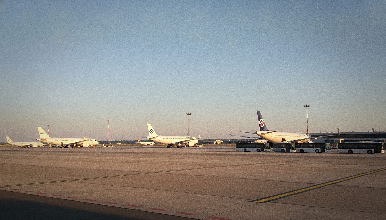 Vorfeld des Flughafens Split mit parkenden Flugzeugen und Vorfeldbussen